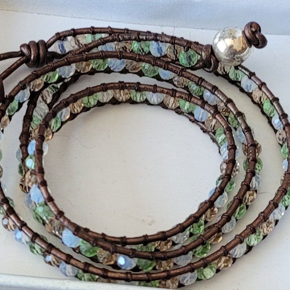 Bracelet: Multi-color Bead Leather and Silver - BRAND NEW